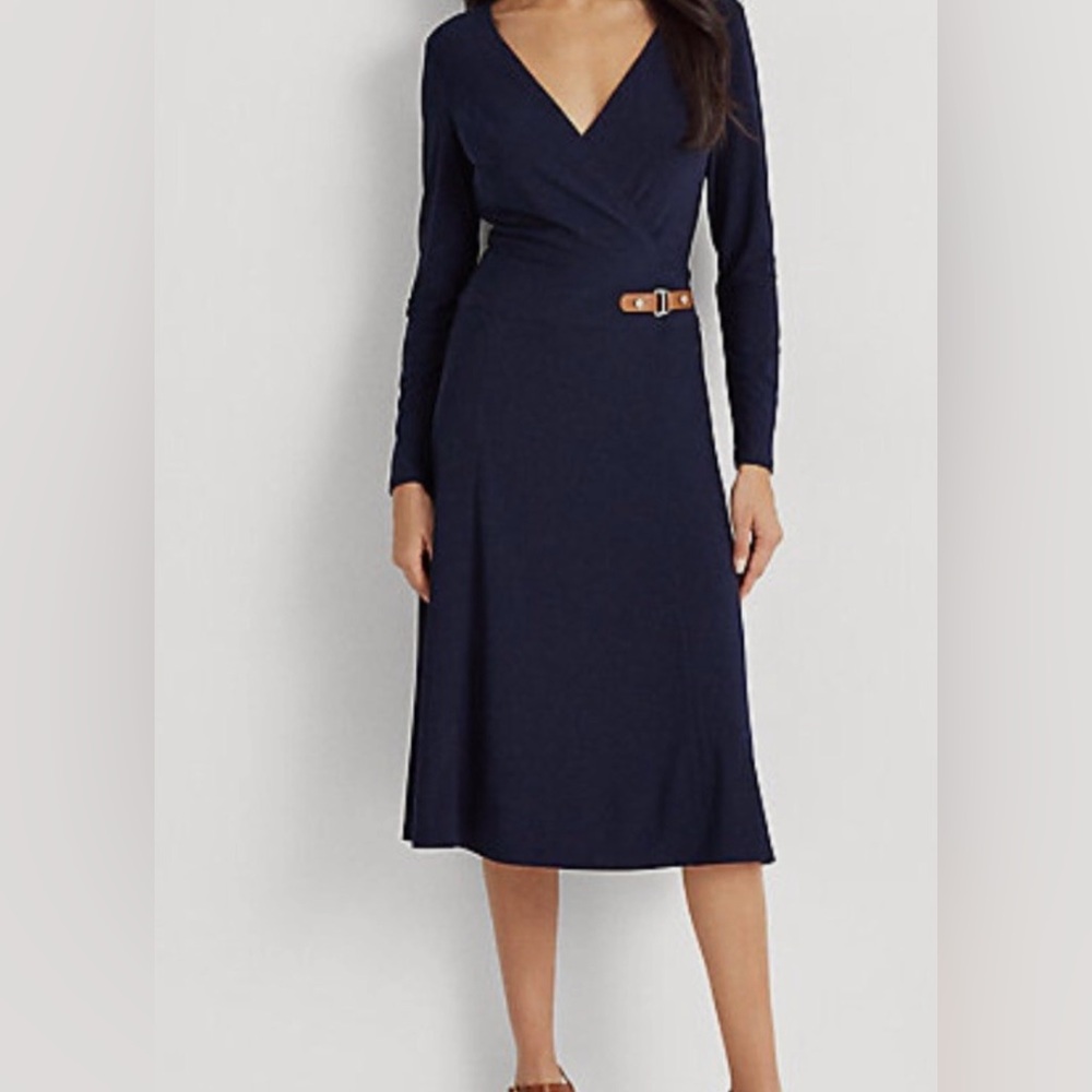 👗 Lauren Ralph Lauren Navy V-Neck A-Line Midi Dress Long Sleeve Size 4